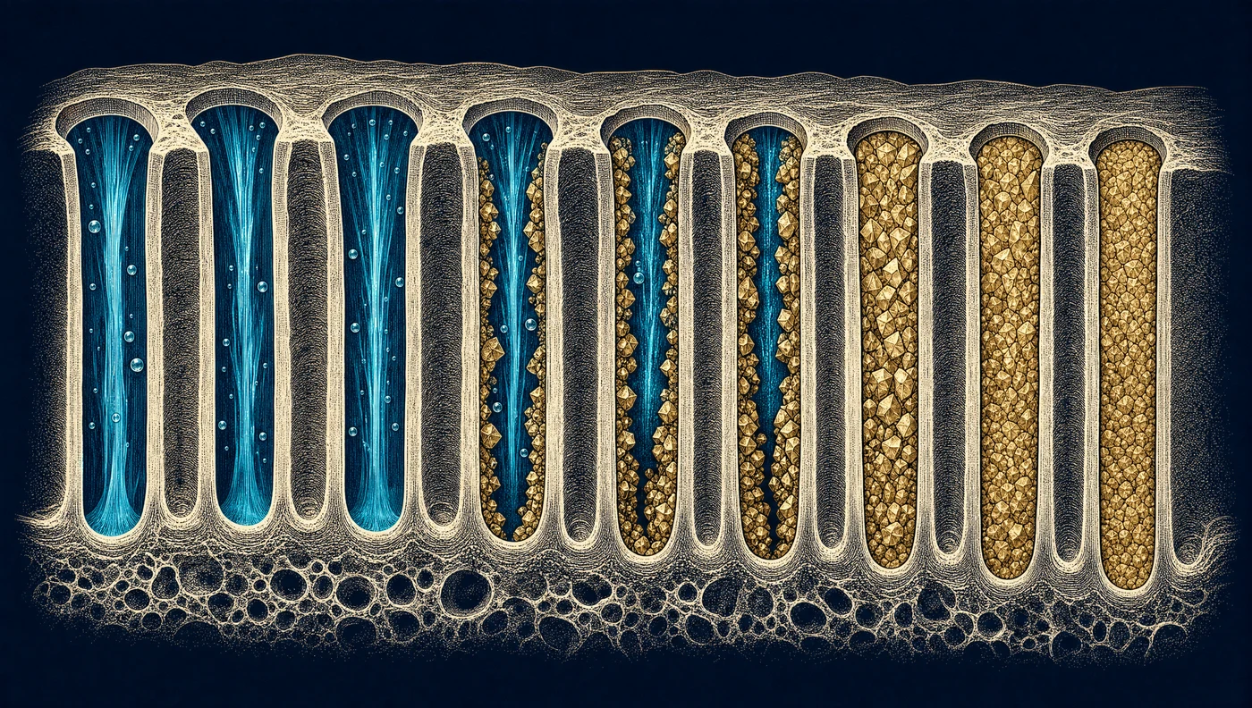 The direction we work in: open tubules progressively occluded by mineral, damping the fluid movement behind dentinal sensitivity.